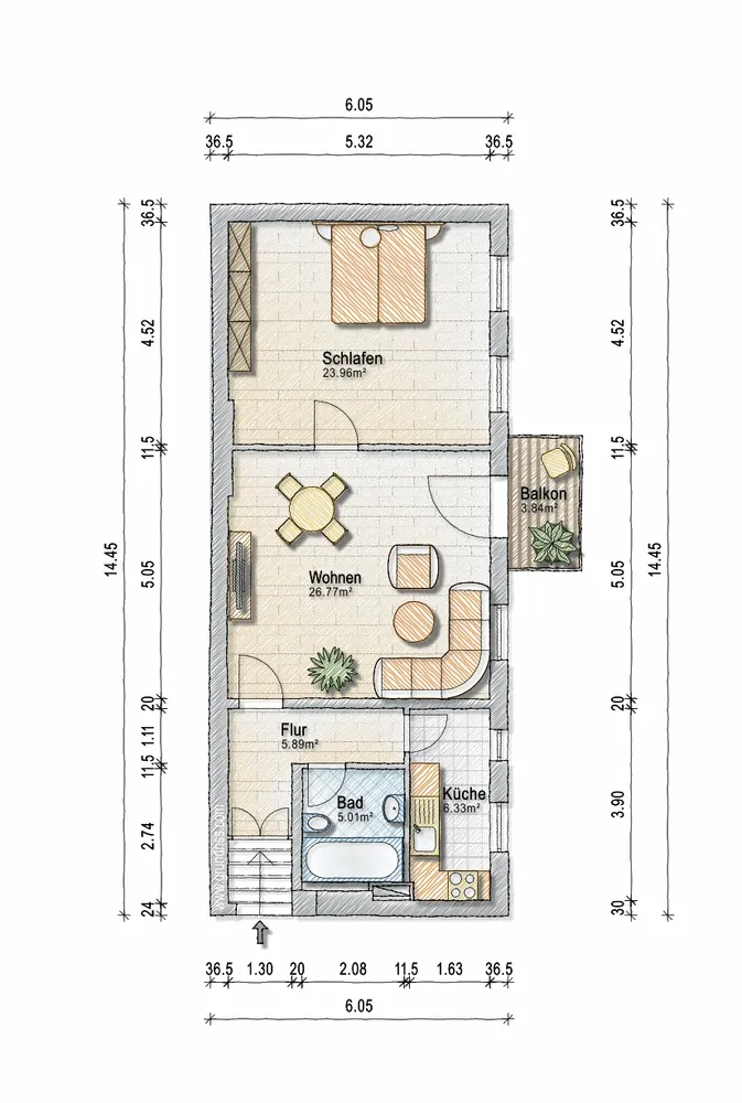 Grundriss zu Möblierte 2-Z.WHG mit Balkon & Fahrrädern am Park Sanssouci